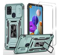 Jeelar ESONG Antichoc Coque Para Samsung Galaxy A21s,TPU+PC Housse Protection de Qualité Militaire avec Lentille Coulissante Couverture/2* Verre Trempé,Compatible Support De Voiture Magnétique-Vert
