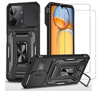 Jeelar ESONG Antichoc Coque Para Xiaomi Redmi 13C,TPU+PC Housse Protection de Qualité Militaire avec Lentille Coulissante Couverture/2* Verre Trempé,Compatible Support De Voiture Magnétique-Le Noir
