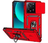 Jeelar ESONG Coque Para Xiaomi 13T/13T Pro,TPU+PC Rigide Armure Housse avec Lentille Coulissante Couverture/Rotation à 360 Anneau de Support,Rouge