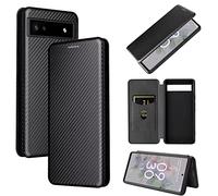 Jeelar ESONG Coque pour Google Pixel 6a, Premium en Cuir Fibre de Carbone Flip Case avec Fentes pour Cartes Fermeture Magnétique, Stand Housse pour Google Pixel 6a - Le Noir