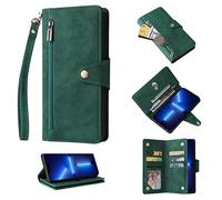 Jeelar ESONG Coque pour iphone 14 Plus,Etui en Cuir PU Premium Housse à Rabat Portefeuille Flip Antichoc Case avec Rangements de Cartes/Support/Fermeture Aimantée/Lanyard Dragonne-Vert
