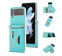 Jeelar ESONG Coque pour Samsung Galaxy Z Flip 3 5G,Cuir PU de qualité supérieure,avec Sangle réglable&Fente pour Carte&Fonction Stand-Cyan