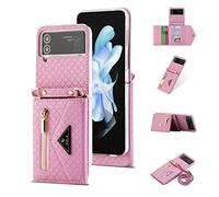 Jeelar ESONG Coque pour Samsung Galaxy Z Flip 4 5G,Cuir PU de qualité supérieure,avec Sangle réglable&Fente pour Carte&Fonction Stand-Rose