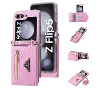 Jeelar ESONG Coque pour Samsung Galaxy Z Flip 5 5G,Cuir PU de qualité supérieure,avec Sangle réglable&Fente pour Carte&Fonction Stand-Rose