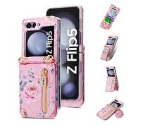 Jeelar ESONG Coque pour Samsung Galaxy Z Flip 5 avec Cordon,Cuir PU de Portefeuille Etui avec Fente pour Carte/Support,Antichoc Protecteur Housse,Motif Floral,Protection Case Cover pour Fille-Rose