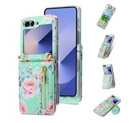 Jeelar ESONG Coque pour Samsung Galaxy Z Flip 6 avec Cordon,Cuir PU de Portefeuille Etui avec Fente pour Carte/Support,Antichoc Protecteur Housse,Motif Floral,Protection Case Cover pour Fille-Cyan