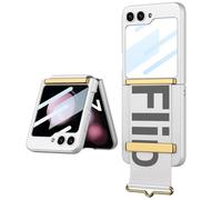 Jeelar ESONG Coque pour Samsung Galaxy Z Flip6 avec Protection d'écran arrière/Support de Bracelet en Cuir,Dragonne de Luxe Ultra Fine Légère Rigide PC Housse,Dragonne Béquille,Antichoc Bumper-Blanc