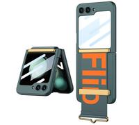 Jeelar ESONG Coque pour Samsung Galaxy Z Flip7 avec Protection d'écran arrière/Support de Bracelet en Cuir,Dragonne de Luxe Ultra Fine Légère Rigide PC Housse,Dragonne Béquille,Antichoc Bumper-Vert
