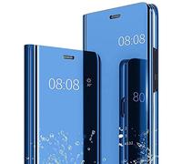 Jeelar ESONG Coque pour Xiaomi Redmi A2/A2+/Redmi A1/A1+,Étui Housse Transparente Antichoc Intelligente Coque Flip Cover,Standing Placage Technologie Clear View Mirror Protection Case-Bleu