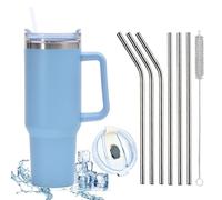 JEELINBORE 1200 ML Tasse Isotherme Acier Inoxydable avec PoignéeTasse à Café Refroidissement Double Paroi 40 OZ Voyage Voiture Tasse Thermique avec Paille et Couvercle Anti-Fuite Bleu Ciel