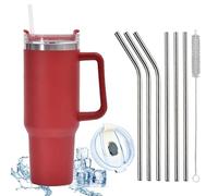 JEELINBORE 1200 ML Tasse Isotherme Acier Inoxydable avec PoignéeTasse à Café Refroidissement Double Paroi 40 OZ Voyage Voiture Tasse Thermique avec Paille et Couvercle Anti-Fuite Rouge