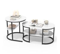 jeerbly Lot de 2 tables basses rondes et ovales avec espace de rangement, cadre en métal et aspect marbre, table d'appoint, blanc et noir