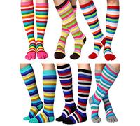 Jeere 6 Pairs Rainbow Toe Socks Women Lgbt Pride Cotton Knee Thigh High Long Socks with Toes Separated Striped Leg Warmers (Black, Grey, Pink, Red, Coffee, Green)
