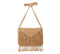 Jeesblsy Sac à Bandoulière de Plage D'été, Femmes Bohême Sac à Main Tissé avec Gland, Rétro Petit Messager Crossbody Bag de Paille au Crochet en Coton Décontracté pour Voyager Vacances (Marron)