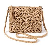 Jeesblsy Sac à bandoulière tissé pour femme, sac de plage d'été avec pompon, petit sac à main en crochet de coton pour les vacances, les fêtes, les rendez-vous, marron