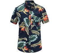 JEETOO Homme Chemise Hawaienne Casual Manches Courtes à Fleurs Été (Marine - Plumes, X-Large)