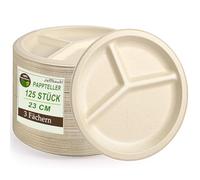 Jeffbaubl Lot de 125 assiettes jetables en carton à 3 compartiments, 100 % compostables, en bagasse, 22,5 cm, respectueuses de l'environnement, pour fête d'anniversaire, pique-nique