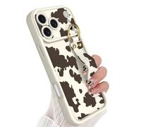 Jefonha Compatible avec iPhone 17 Pro Coque avec dragonne pour filles et femmes, coque de téléphone mignonne et amusante avec support, coque de protection en silicone durable, vache laiteuse marron