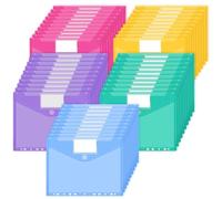 JEFURE Pochette Porte-Documents A4 50PCS, Pochettes Plastiques Perforées A4 avec 11 Trous, Pochette Classeur 5 Couleurs Transparentes avec Poches, pour Étiquettes pour Organiser les Documents