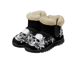 Jeiento Bottes de neige à motif tête de mort pour femme, chaussures épaisses et pelucheuses, chaussures d'hiver légères et confortables à enfiler, Crâne Blanc Floral, 39.5 EU