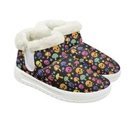 Jeiento Bottes de neige pour femme avec motif tête de mort - Chaussures d'hiver chaudes - Chaussures d'intérieur et d'extérieur avec doublure en fourrure pelucheuse, Crâne champignon arc-en-ciel, 43