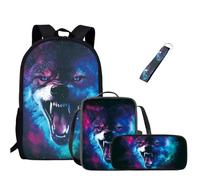 Jeiento Cartable Galaxy Wolf 4 pièces Sac à dos d'école et boîte à déjeuner Sac à stylos Sac à dos d'école primaire pour garçon fille, Galaxy Wolf., L, Sac à dos décontracté