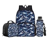 Jeiento Ensemble de cartable 3 en 1 pour enfants, garçons et filles, sac à dos décontracté, bandoulière réglable, sac à dos avec sac à déjeuner et porte-bouteille d'eau, Requin animal marin, Taille