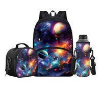 Jeiento Ensemble de cartable 3 en 1 pour enfants, garçons et filles, sac à dos décontracté, bandoulière réglable, sac à dos avec sac à déjeuner et porte-bouteille d'eau, Galaxie Univers Space Planet