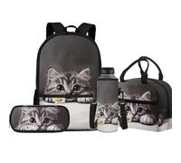 Jeiento Ensemble de cartables élémentaires pour garçon et fille avec porte-bouteille d'eau isotherme, sac à déjeuner et trousse à crayons 4 en 1, Joli chat., Taille unique, Sacs à dos de jour