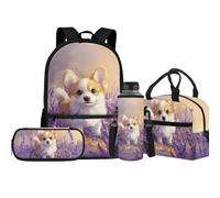 Jeiento Ensemble de cartables élémentaires pour garçon et fille avec porte-bouteille d'eau isotherme, sac à déjeuner et trousse à crayons 4 en 1, Chien Welsh Corgi, Taille unique, Sacs à dos de jour