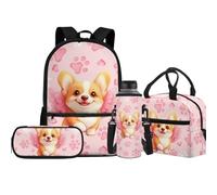 Jeiento Ensemble de cartables élémentaires pour garçon et fille avec porte-bouteille d'eau isotherme, sac à déjeuner et trousse à crayons 4 en 1, Happy Corgi Dog, Taille unique, Sacs à dos de jour
