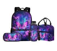 Jeiento Ensemble de cartables élémentaires pour garçon et fille avec porte-bouteille d'eau isotherme, sac à déjeuner et trousse à crayons 4 en 1, Papillons Bling, Taille unique, Sacs à dos de jour