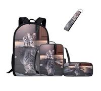 Jeiento Ensemble de sacs d'école pour filles et garçons, résistant à l'eau, durable, sac à dos basique décontracté avec sac à déjeuner, trousse à crayons et porte-clés à dragonne, 4 en 1, Chat et