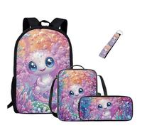 Jeiento Ensemble de sacs d'école pour filles et garçons, résistant à l'eau, durable, sac à dos basique décontracté avec sac à déjeuner, trousse à crayons et porte-clés à dragonne, 4 en 1, Axolotl, L,