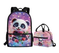 Jeiento Ensemble sac à dos et sac Lucnh pour enfants, garçons et filles, sac à bandoulière, sac à bandoulière pour adolescents, boîte à déjeuner de pique-nique, Panda en forme de cœur avec rose