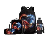 Jeiento Ensemble sac d'école pour enfants comprenant un sac à déjeuner, un porte-bouteille d'eau, une trousse à stylos, un cartable d'école primaire pour garçons et filles, Fire Flames Loup, Taille