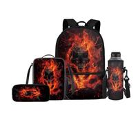Jeiento Ensemble sac d'école pour enfants comprenant un sac à déjeuner, un porte-bouteille d'eau, une trousse à stylos, un cartable d'école primaire pour garçons et filles, Loup flamme orange feu