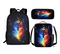 Jeiento Galaxy Wolf Ensemble cartable 3 en 1 avec sac à dos et sac à déjeuner et trousse à crayons pour garçons, loup, Taille unique, Sacs à dos de jour
