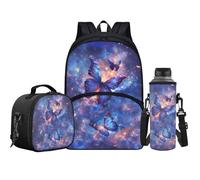 Jeiento Lot de 3 sacs d'école pour enfants avec boîte à déjeuner et porte-bouteille d'eau pour garçons et filles, sac à dos d'école secondaire, camping, randonnée, Papillon galaxie, Taille unique
