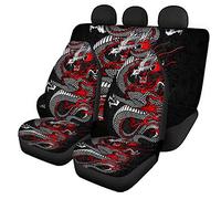 Jeiento Lot de 4 housses décoratives pour sièges de voiture, coussins de protection pour sièges avant et arrière imprimés de dragons, accessoires de voiture pour hommes et femmes, noir