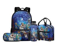Jeiento Lot de 4 sacs d'école avec sac à déjeuner isotherme, sac à crayons, porte-bouteille d'eau pour enfants, garçons et filles, chouette, Taille unique, Sacs à dos de jour