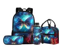 Jeiento Lot de 4 sacs d'école avec sac à déjeuner isotherme, sac à crayons, porte-bouteille d'eau pour enfants, garçons et filles, Papillon Bleu, Taille unique, Sacs à dos de jour