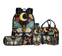Jeiento Lot de 4 sacs d'école avec sac à déjeuner isotherme, sac à crayons, porte-bouteille d'eau pour enfants, garçons et filles, Cottagecore Fleur Papillon, Taille unique, Sacs à dos de jour