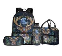 Jeiento Lot de 4 sacs d'école avec sac à déjeuner isotherme, sac à crayons, porte-bouteille d'eau pour enfants, garçons et filles, Deer, Taille unique, Sacs à dos de jour