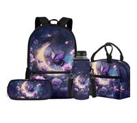 Jeiento Lot de 4 sacs d'école avec sac à déjeuner isotherme, sac à crayons, porte-bouteille d'eau pour enfants, garçons et filles, Lune et papillon, Taille unique, Sacs à dos de jour