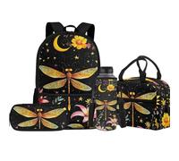 Jeiento Lot de 4 sacs d'école avec sac à déjeuner isotherme, sac à crayons, porte-bouteille d'eau pour enfants, garçons et filles, Libellule., Taille unique, Sacs à dos de jour
