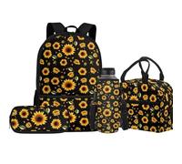 Jeiento Lot de 4 sacs d'école avec sac à déjeuner isotherme, sac à crayons, porte-bouteille d'eau pour enfants, garçons et filles, tournesol, Taille unique, Sacs à dos de jour