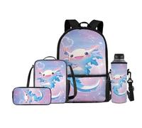 Jeiento Lot de 4 sacs d'école pour enfants - Sac à dos avec sac à déjeuner, trousse à crayons, porte-bouteille d'eau, Adorable axolotl, Taille unique, Sacs à dos de jour