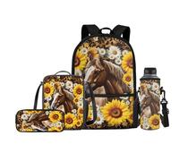 Jeiento Lot de 4 sacs d'école pour enfants - Sac à dos avec sac à déjeuner, trousse à crayons, porte-bouteille d'eau, Cheval marron tournesol, Taille unique, Sacs à dos de jour
