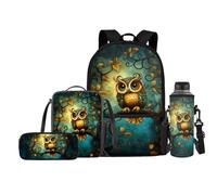 Jeiento Lot de 4 sacs d'école pour enfants - Sac à dos avec sac à déjeuner, trousse à crayons, porte-bouteille d'eau, chouette, Taille unique, Sacs à dos de jour